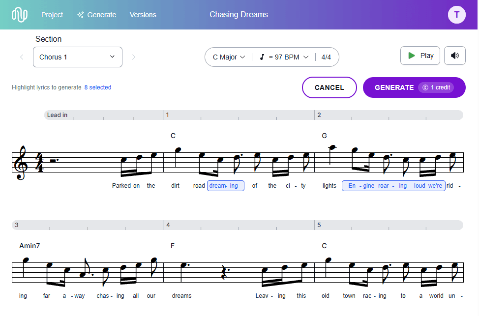 The Choorus editor with two lyric phrases highlighted, ready to regenerate just those words